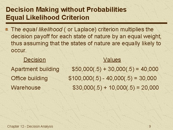 Decision Making without Probabilities Equal Likelihood Criterion The equal likelihood ( or Laplace) criterion