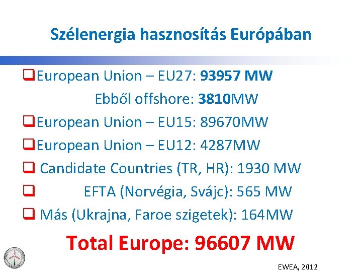 Szélenergia hasznosítás Európában q. European Union – EU 27: 93957 MW Ebből offshore: 3810