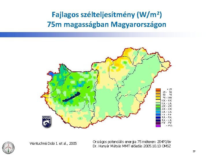 Fajlagos szélteljesítmény (W/m 2) 75 m magasságban Magyarországon Wantuchné Dobi I. et al. ,