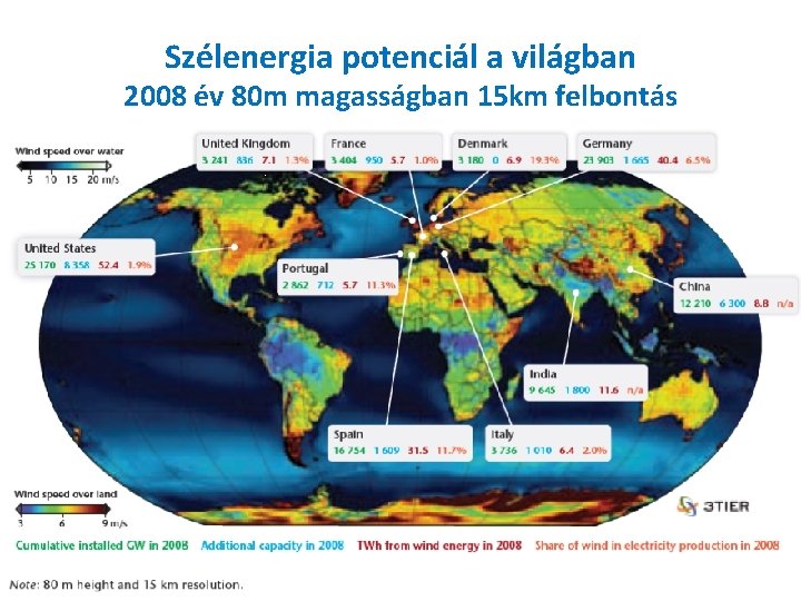 Szélenergia potenciál a világban 2008 év 80 m magasságban 15 km felbontás 4 