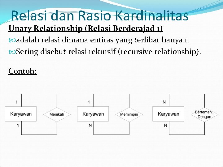 Relasi dan Rasio Kardinalitas Unary Relationship (Relasi Berderajad 1) adalah relasi dimana entitas yang