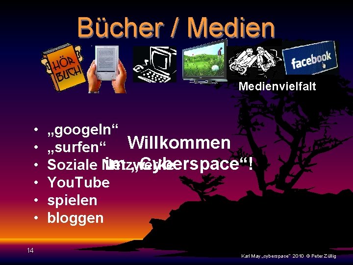 Bücher / Medienvielfalt • • • 14 „googeln“ „surfen“ Willkommen im „Cyberspace“! Soziale Netzwerke