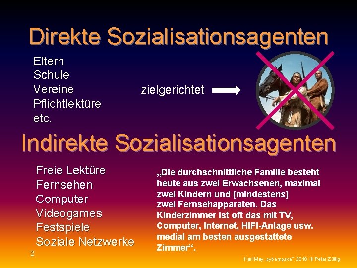 Direkte Sozialisationsagenten Eltern Schule Vereine Pflichtlektüre etc. zielgerichtet Indirekte Sozialisationsagenten Freie Lektüre Fernsehen Computer