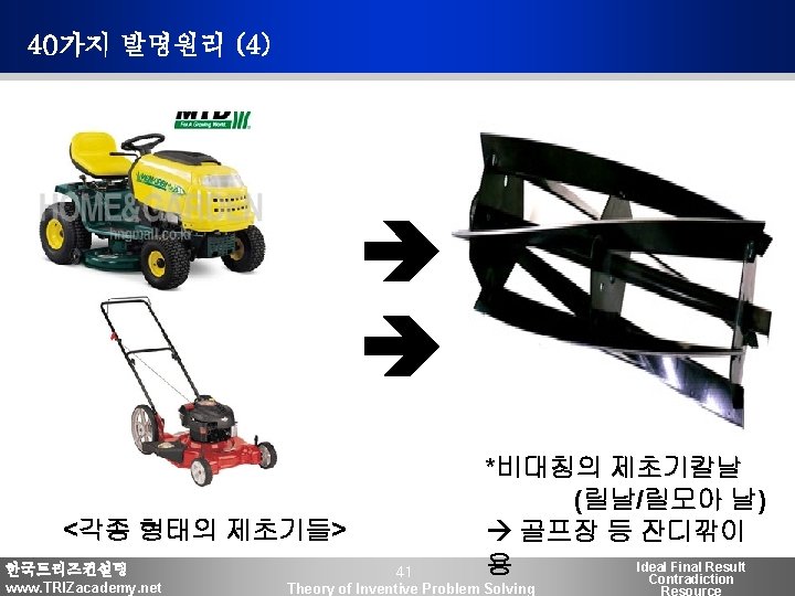 40가지 발명원리 (4) <각종 형태의 제초기들> 한국트리즈컨설팅 www. TRIZacademy. net 41 *비대칭의 제초기칼날 (릴날/릴모아