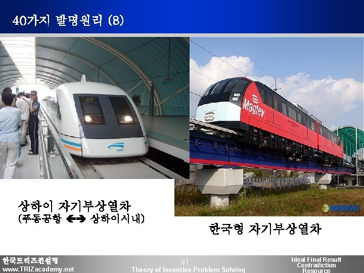 40가지 발명원리 (8) 상하이 자기부상열차 (푸동공항 상하이시내) 한국트리즈컨설팅 www. TRIZacademy. net 한국형 자기부상열차 61