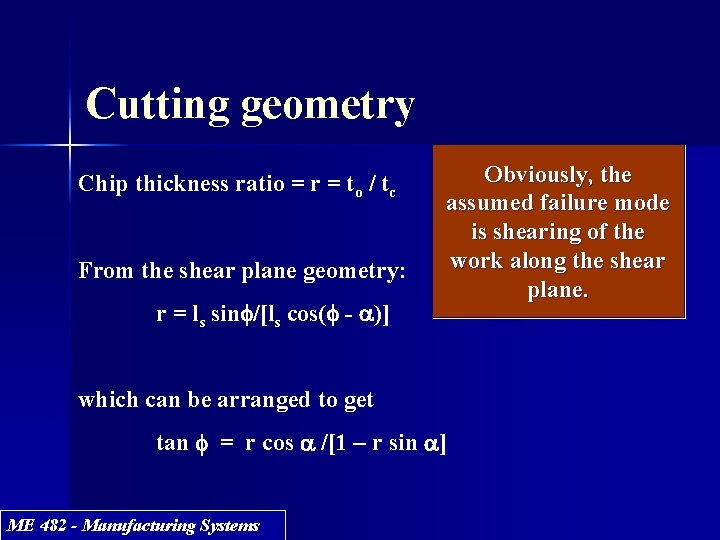 Cutting geometry Chip thickness ratio = r = to / tc From the shear