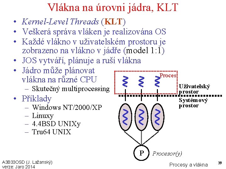 Vlákna na úrovni jádra, KLT • Kernel-Level Threads (KLT) • Veškerá správa vláken je