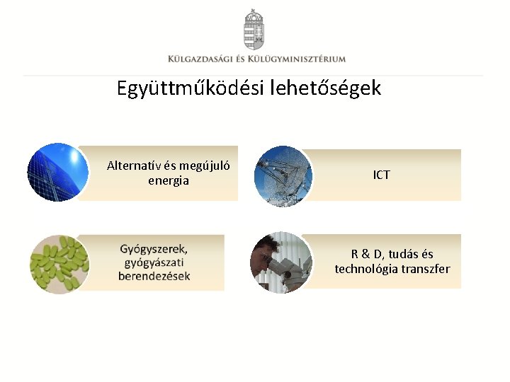 Együttműködési lehetőségek Alternatív és megújuló energia ICT R & D, tudás és technológia transzfer