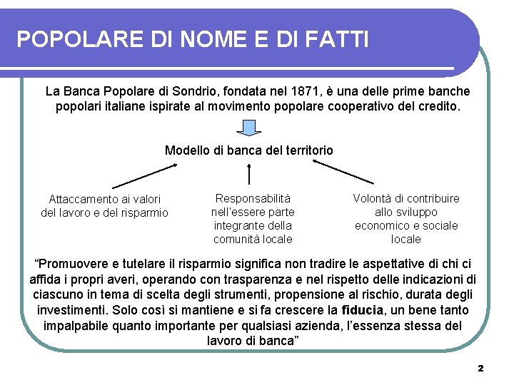 POPOLARE DI NOME E DI FATTI La Banca Popolare di Sondrio, fondata nel 1871,