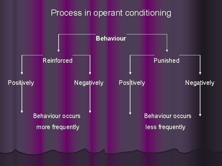 Process in operant conditioning Behaviour Reinforced Positively Punished Negatively Behaviour occurs more frequently Positively Process in operant conditioning Behaviour Reinforced Positively Punished Negatively Behaviour occurs more frequently Positively