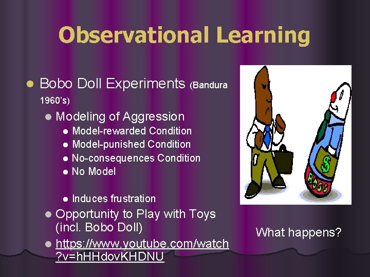 Observational Learning l Bobo Doll Experiments (Bandura 1960’s) l Modeling of Aggression Model-rewarded Condition Observational Learning l Bobo Doll Experiments (Bandura 1960’s) l Modeling of Aggression Model-rewarded Condition