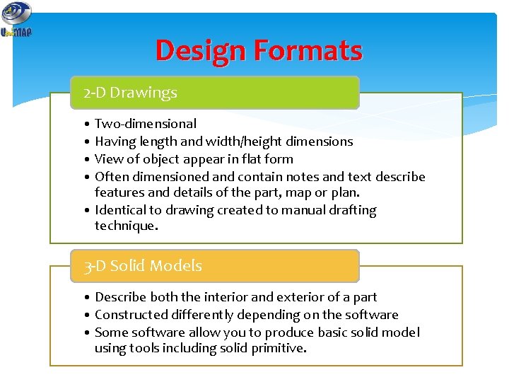 Design Formats 2 -D Drawings • Two-dimensional • Having length and width/height dimensions •