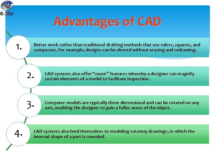 Advantages of CAD 1. 4. Better work rather than traditional drafting methods that use