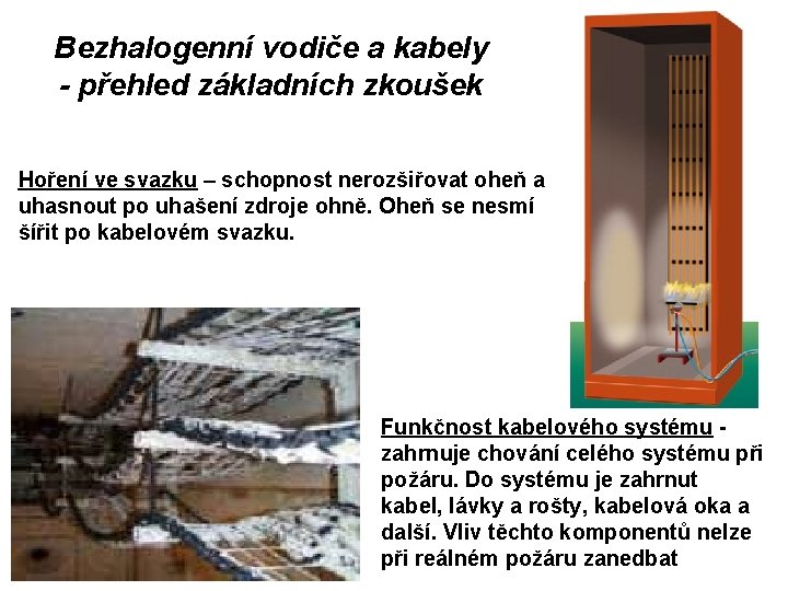 Bezhalogenní vodiče a kabely - přehled základních zkoušek Hoření ve svazku – schopnost nerozšiřovat