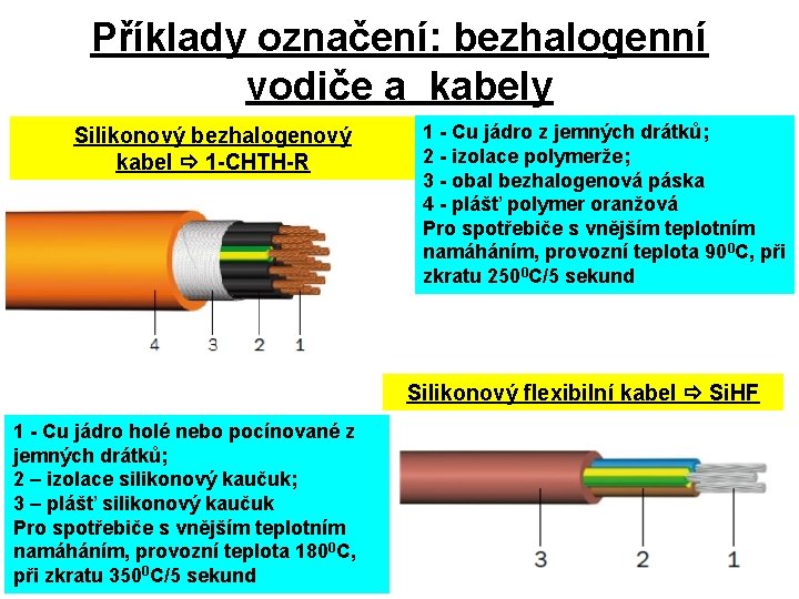 Příklady označení: bezhalogenní vodiče a kabely Silikonový bezhalogenový kabel 1 -CHTH-R 1 - Cu