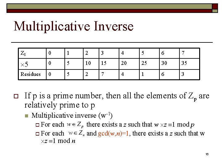 Multiplicative Inverse o Z 8 0 1 2 3 4 5 6 7 5