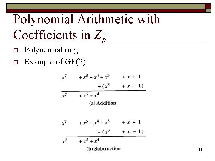 Polynomial Arithmetic with Coefficients in Zp o o Polynomial ring Example of GF(2) 31