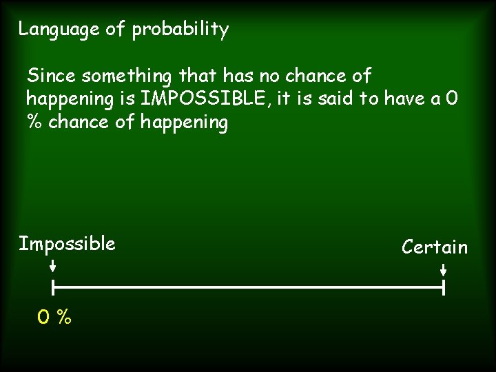 Language of probability Since something that has no chance of happening is IMPOSSIBLE, it