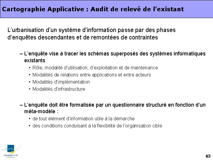 Cartographie Applicative : Audit de relevé de l’existant L’urbanisation d’un système d’information passe par