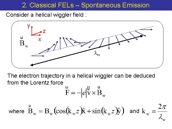 2. Classical FELs – Spontaneous Emission Consider a helical wiggler field : y z