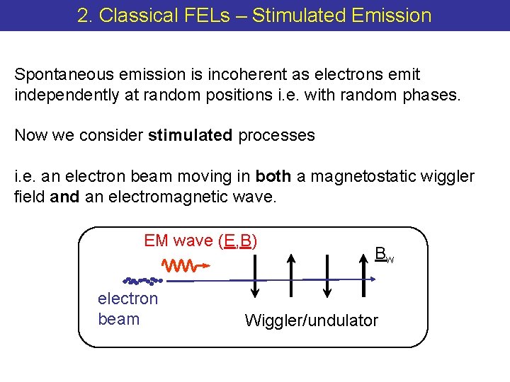 2. Classical FELs – Stimulated Emission Spontaneous emission is incoherent as electrons emit independently