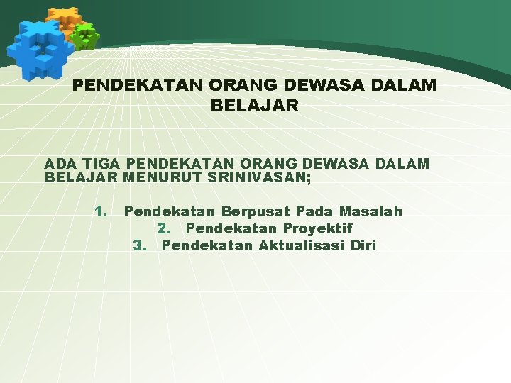 PENDEKATAN ORANG DEWASA DALAM BELAJAR ADA TIGA PENDEKATAN ORANG DEWASA DALAM BELAJAR MENURUT SRINIVASAN;