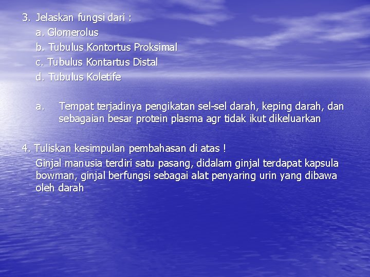 3. Jelaskan fungsi dari : a. Glomerolus b. Tubulus Kontortus Proksimal c. Tubulus Kontartus