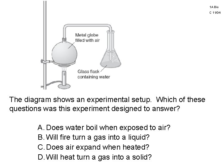 1 A Bio C 11/04 The diagram shows an experimental setup. Which of these