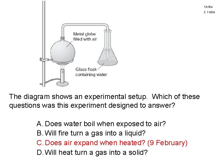 1 A Bio C 11/04 The diagram shows an experimental setup. Which of these