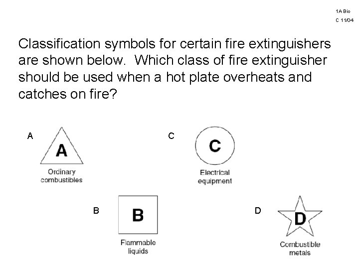 1 A Bio C 11/04 Classification symbols for certain fire extinguishers are shown below.