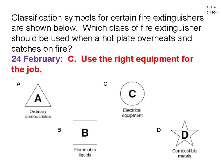 1 A Bio Classification symbols for certain fire extinguishers are shown below. Which class