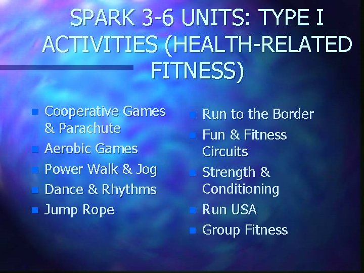 SPARK 3 -6 UNITS: TYPE I ACTIVITIES (HEALTH-RELATED FITNESS) n n n Cooperative Games