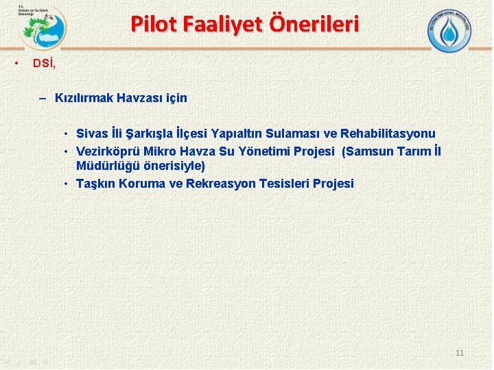 Pilot Faaliyet Önerileri • DSİ, – Kızılırmak Havzası için • Sivas İli Şarkışla İlçesi