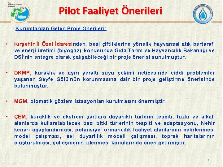 Pilot Faaliyet Önerileri Kurumlardan Gelen Proje Önerileri; • Kırşehir İl Özel İdaresinden, besi çiftliklerine
