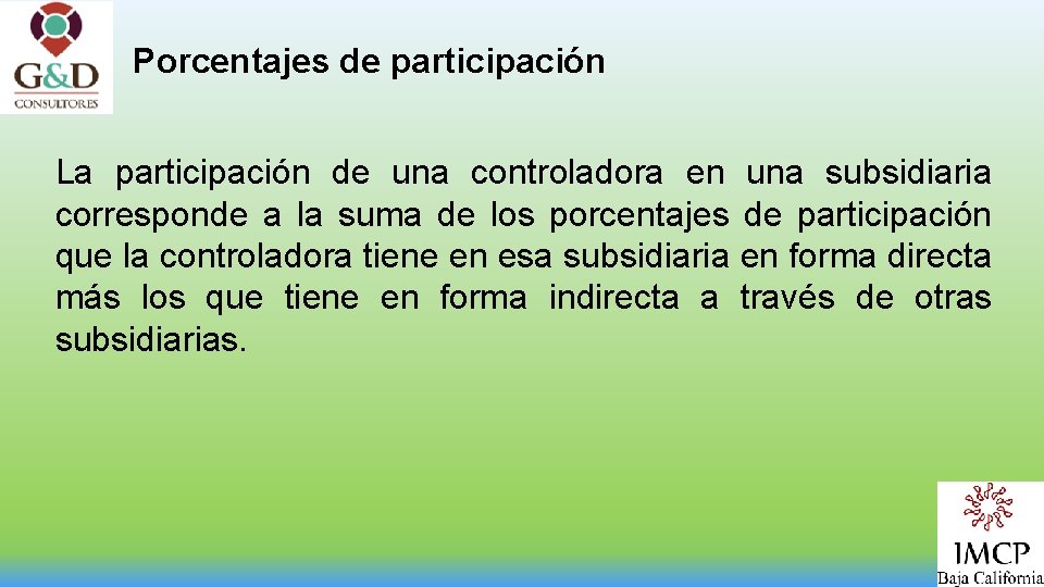 Porcentajes de participación La participación de una controladora en una subsidiaria corresponde a la