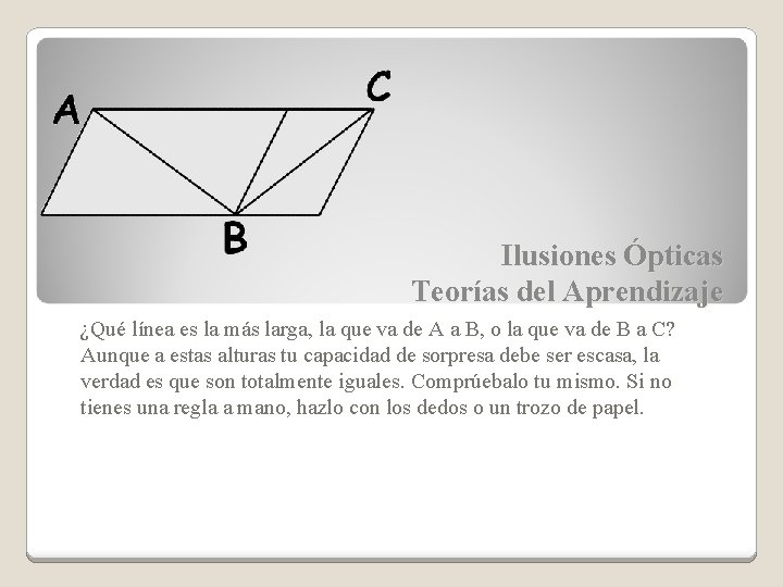 Ilusiones Ópticas Teorías del Aprendizaje ¿Qué línea es la más larga, la que va