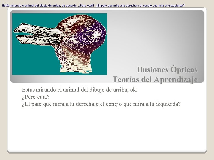 Estás mirando el animal del dibujo de arriba, de acuerdo. ¿Pero cuál? ¿El pato