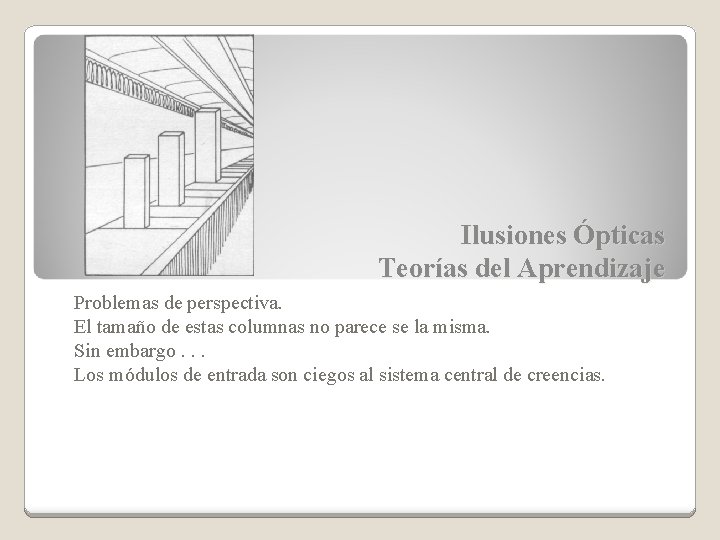 Ilusiones Ópticas Teorías del Aprendizaje Problemas de perspectiva. El tamaño de estas columnas no