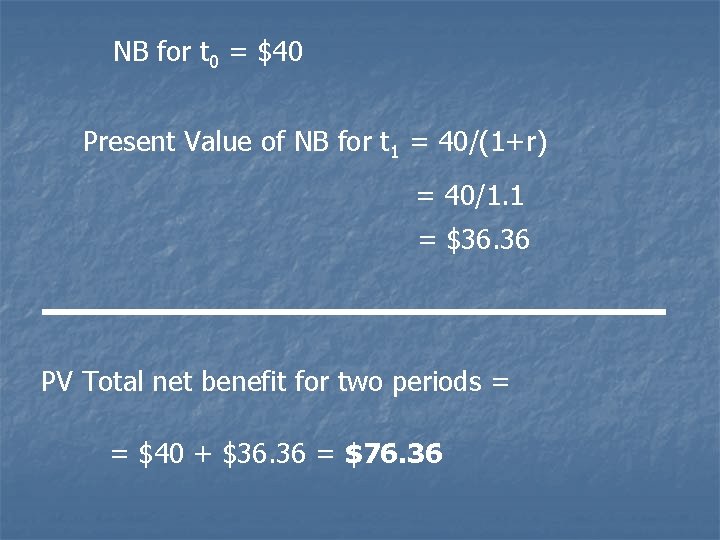 NB for t 0 = $40 Present Value of NB for t 1 =