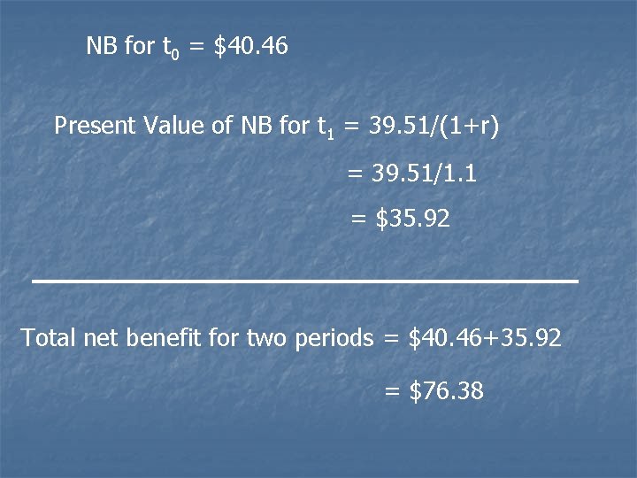 NB for t 0 = $40. 46 Present Value of NB for t 1