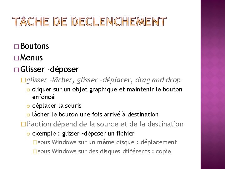 � Boutons � Menus � Glisser -déposer �glisser -lâcher, glisser -déplacer, drag and drop