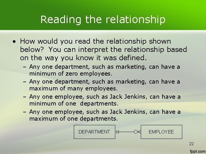 Reading the relationship • How would you read the relationship shown below? You can