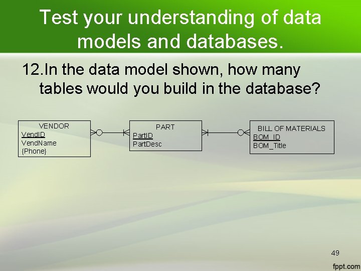 Test your understanding of data models and databases. 12. In the data model shown,