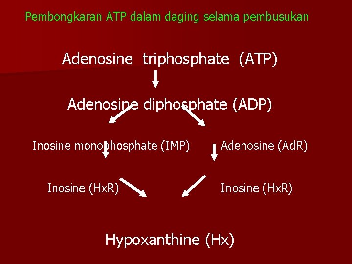 Pembongkaran ATP dalam daging selama pembusukan Adenosine triphosphate (ATP) Adenosine diphosphate (ADP) Inosine monophosphate