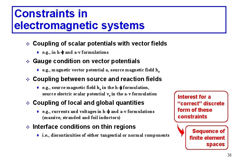 Constraints in electromagnetic systems v Coupling of scalar potentials with vector fields ♦ e.