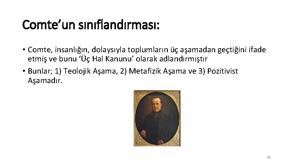 Comte’un sınıflandırması: • Comte, insanlığın, dolaysıyla toplumların üç aşamadan geçtiğini ifade etmiş ve bunu