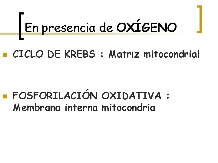 En presencia de OXÍGENO n n CICLO DE KREBS : Matriz mitocondrial FOSFORILACIÓN OXIDATIVA