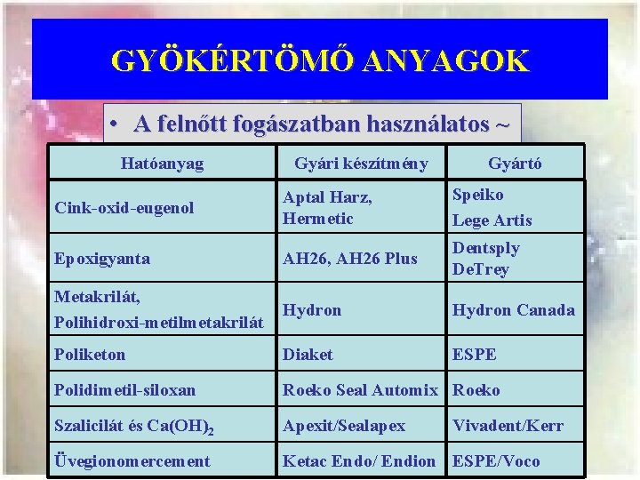 GYÖKÉRTÖMŐ ANYAGOK • A felnőtt fogászatban használatos ~ Hatóanyag Gyári készítmény Gyártó Cink-oxid-eugenol Aptal