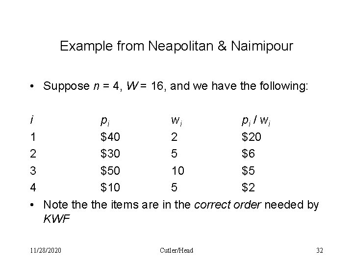 Example from Neapolitan & Naimipour • Suppose n = 4, W = 16, and