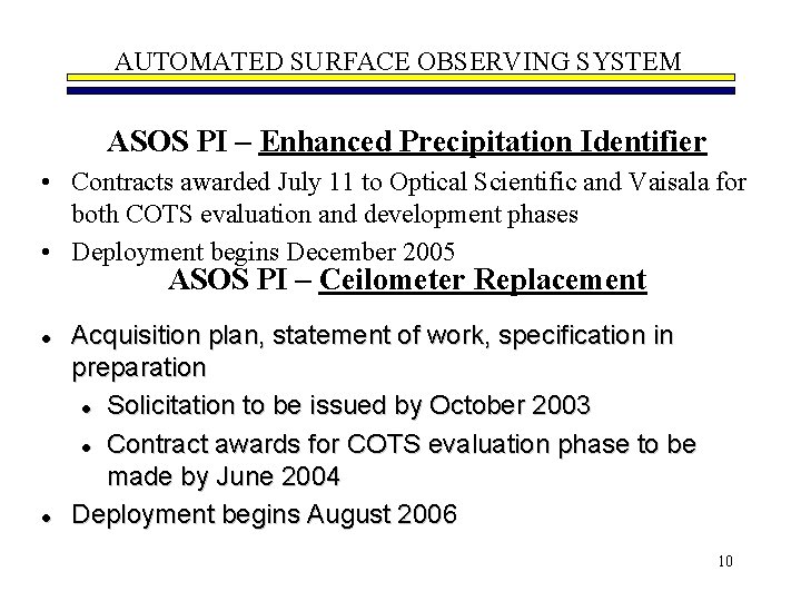 AUTOMATED SURFACE OBSERVING SYSTEM ASOS PI – Enhanced Precipitation Identifier • Contracts awarded July
